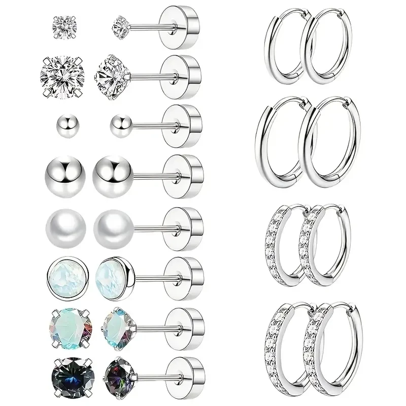 

12 Pairs Small CZ Pearl Hoop Stud Earrings for Women Tiny Stainless Steel Cartilage Helix Earrings Set for Multiple Piercing