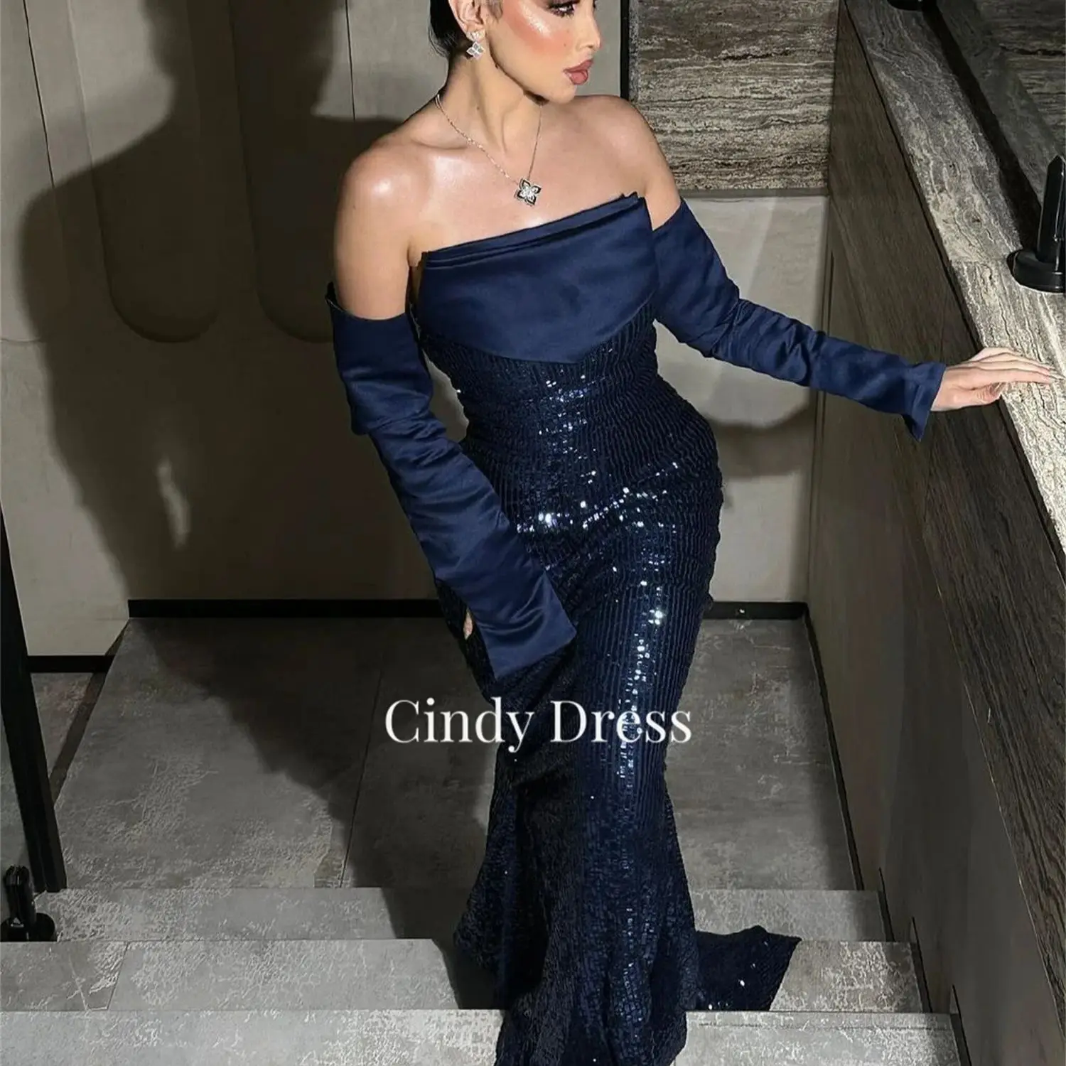 Cindy Customized Sequins Navy Blue Mermaid Luxury Party Dresses for Special Occasions Evening Elegant Woman Gala Prom 2024 Women