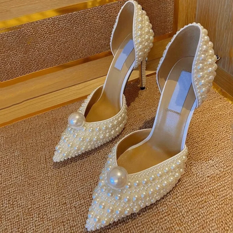 

White Pointed Toe Crystal Decor Pumps Thin High Heel Slip on New European and American Style Large Size Fashion Woman Sandals