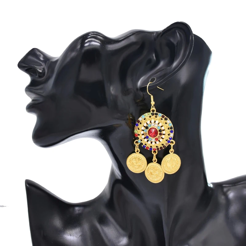 Coin Tassel Women Earrings Colorful Rhinestones Arab Ethnic Party Statement Drop Earrings Golden India Charms Earrings Feminina