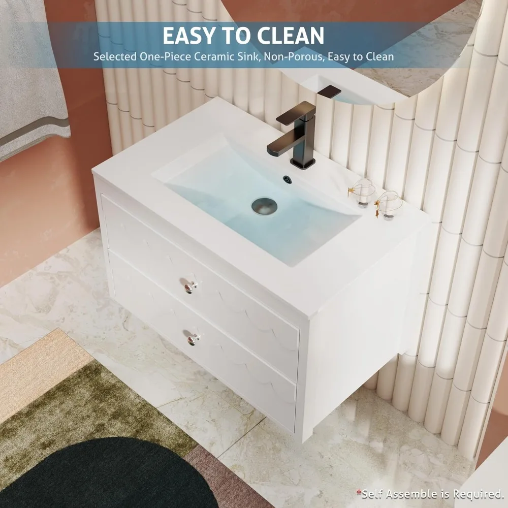 حمام عائم حديث مثبت على الحائط مع حوض، 30 خزانة تخزين تتميز بحواف زخرفية معاصرة #6