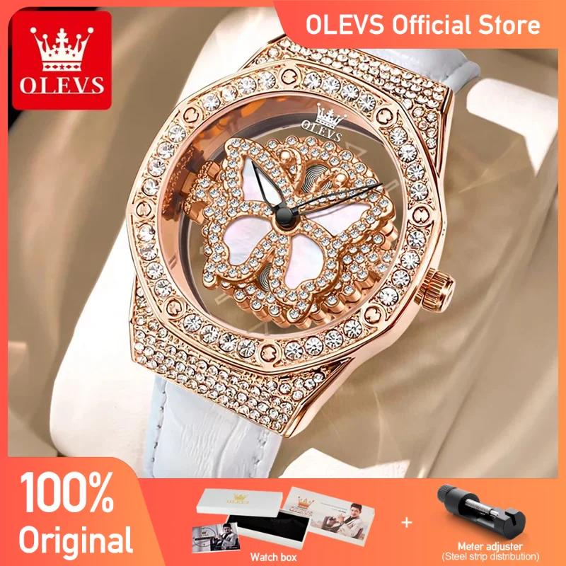 OLEVS Women‘s Watches Light Luxury Fashion Rotating Dial Original Quartz Wristwatch for Girl Full Sky Star Diamond Waterproof