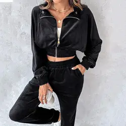 Golden Velvet Women Suit Golden Velvet Jacket High Waist Trousers Set for Women Stylish Sport Fitness Tracksuit with Turn-down