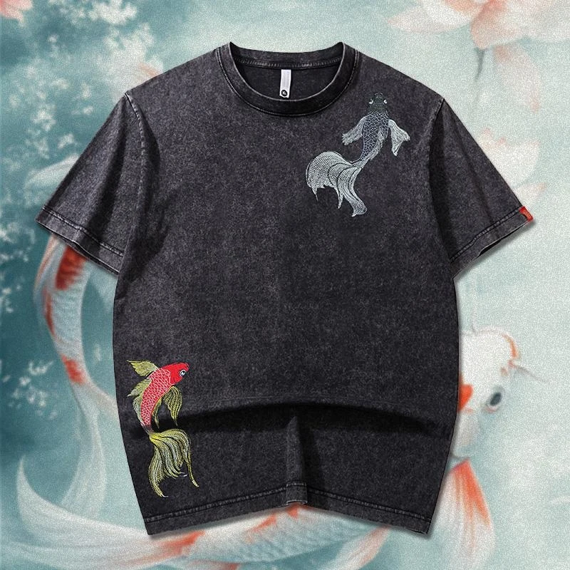 2026 Summer New Chinese Style Koi Fish Embroidery Print T-Shirt For Men Vintage Fashion Loose Casual Short Sleeve Round Neck Sof
