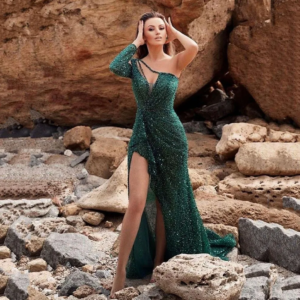 Women's Deep V Neck Long Sleeve Floor Length Evening Dress for Wedding Guest Party Prom One Shoulder Fitted Waist Sweep Train