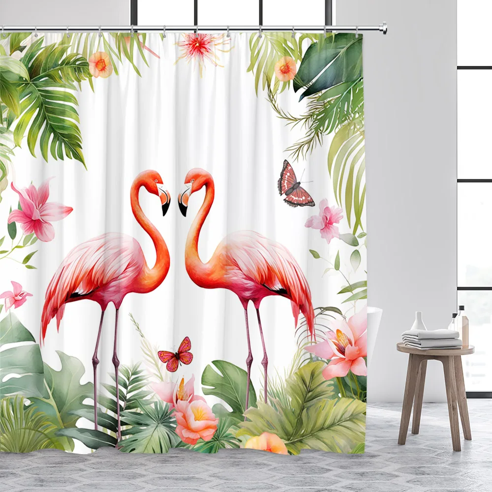 Tropical Flamingo Shower Curtain Floral Butterfly Green Monstera Palm Leaves Plant Bath Curtain Fabric Bathroom Decor with Hooks