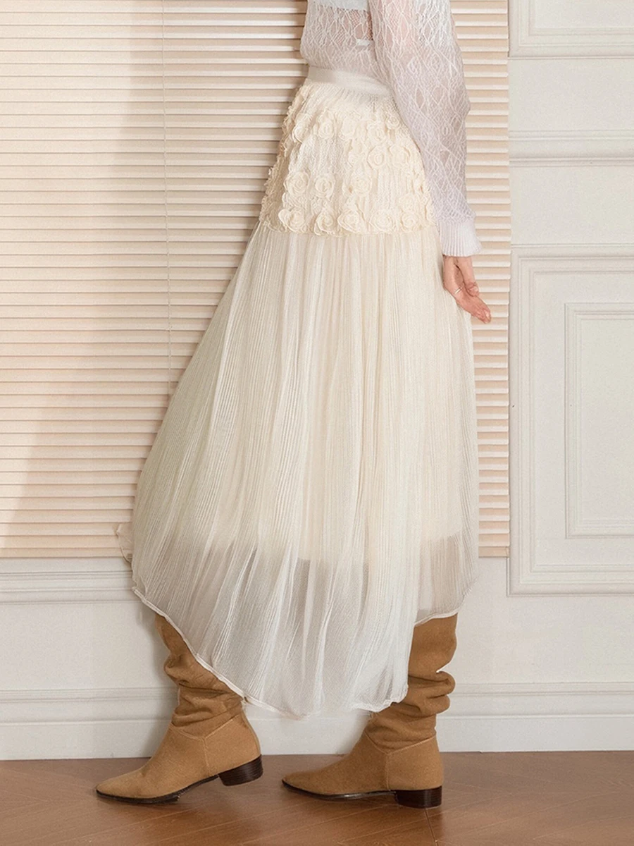

Women's 3D Floral Tulle Skirt High Waist A-Line Long Flowy Skirt for Summer, Spring