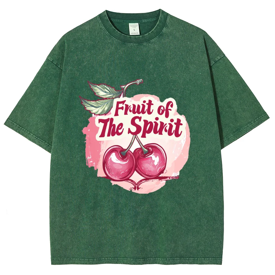 Fruit Of The Spirit Y2k Washed Short Sleeve T-Shirt, Creative Printed Unisex Vintage Streetwear New Fashion Casual Tee Plus-Size