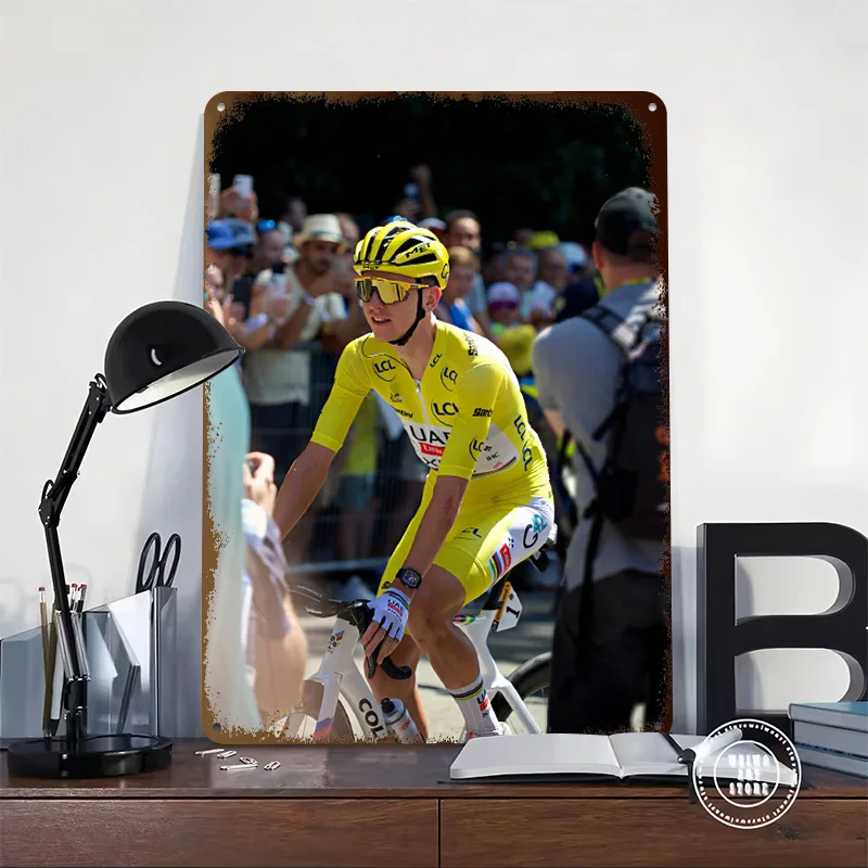 Cycling Champion in Yellow Jersey Tinplate Poster Custom Wall Art Vintage Metal Signs Retro Tin Plaque for Bathroom Decor Room