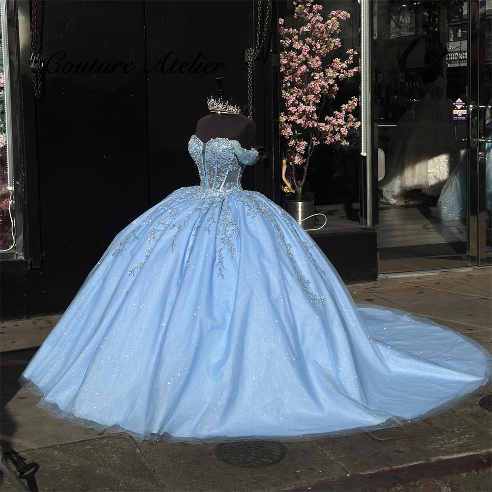 

Ice Lace Applique Corset Quinceanera Dress Ball Gown Luxury Off The Shoulder Sweet 15 Dress vestidos de 16 quinceañer