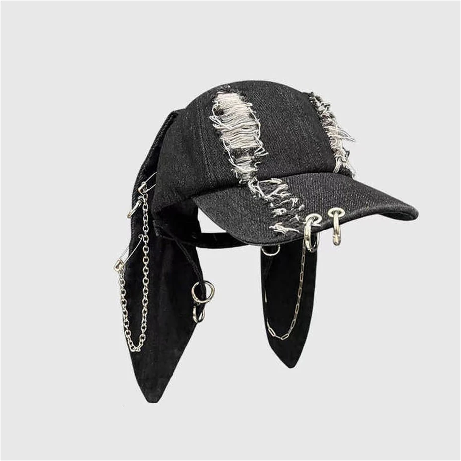 2025 Ripped Hole Denim Baseball Cap Men Women Techwear Style Vintage Punk Metal Chain Rabbit Ears Hat Street Hip Hop Cat Ears