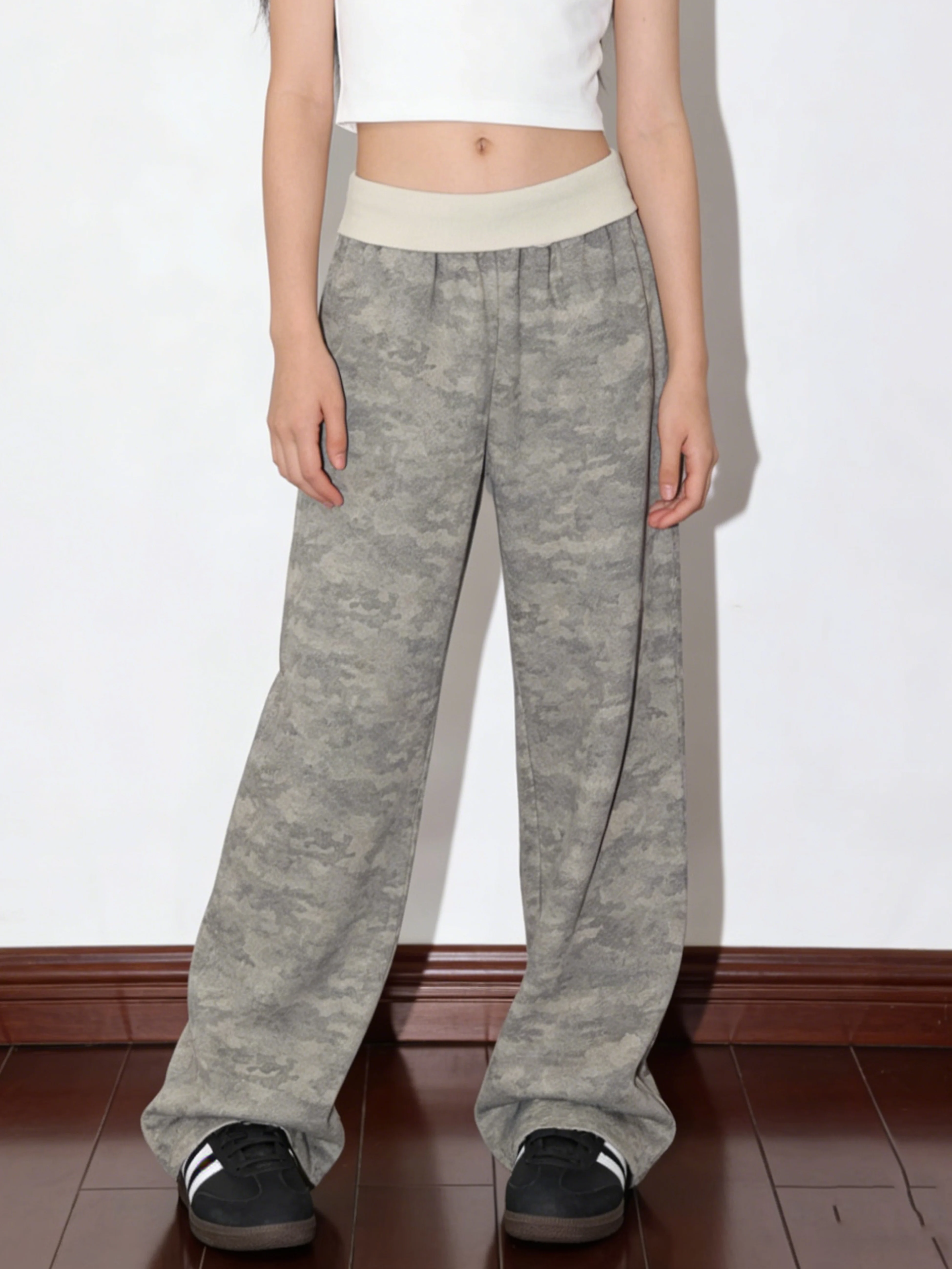 

American Retro Color Block Waist Camouflage Wide Leg Pants Women's Loose Straight Casual Trousers Natural Waist Cotton Blend