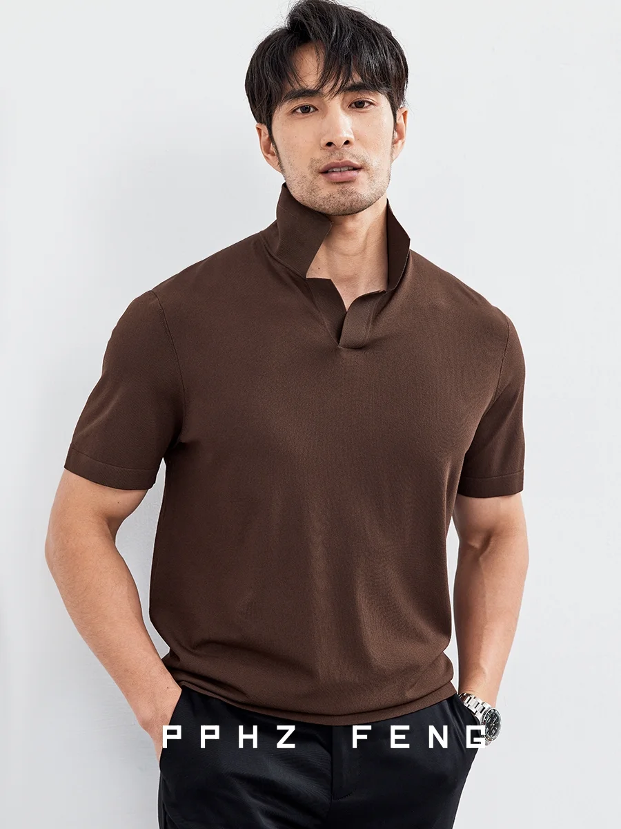 

High Elastic Ice Silk irt Knitted by Flat Knitting hine Basic Color ort Sve Busin Collar Men's irt