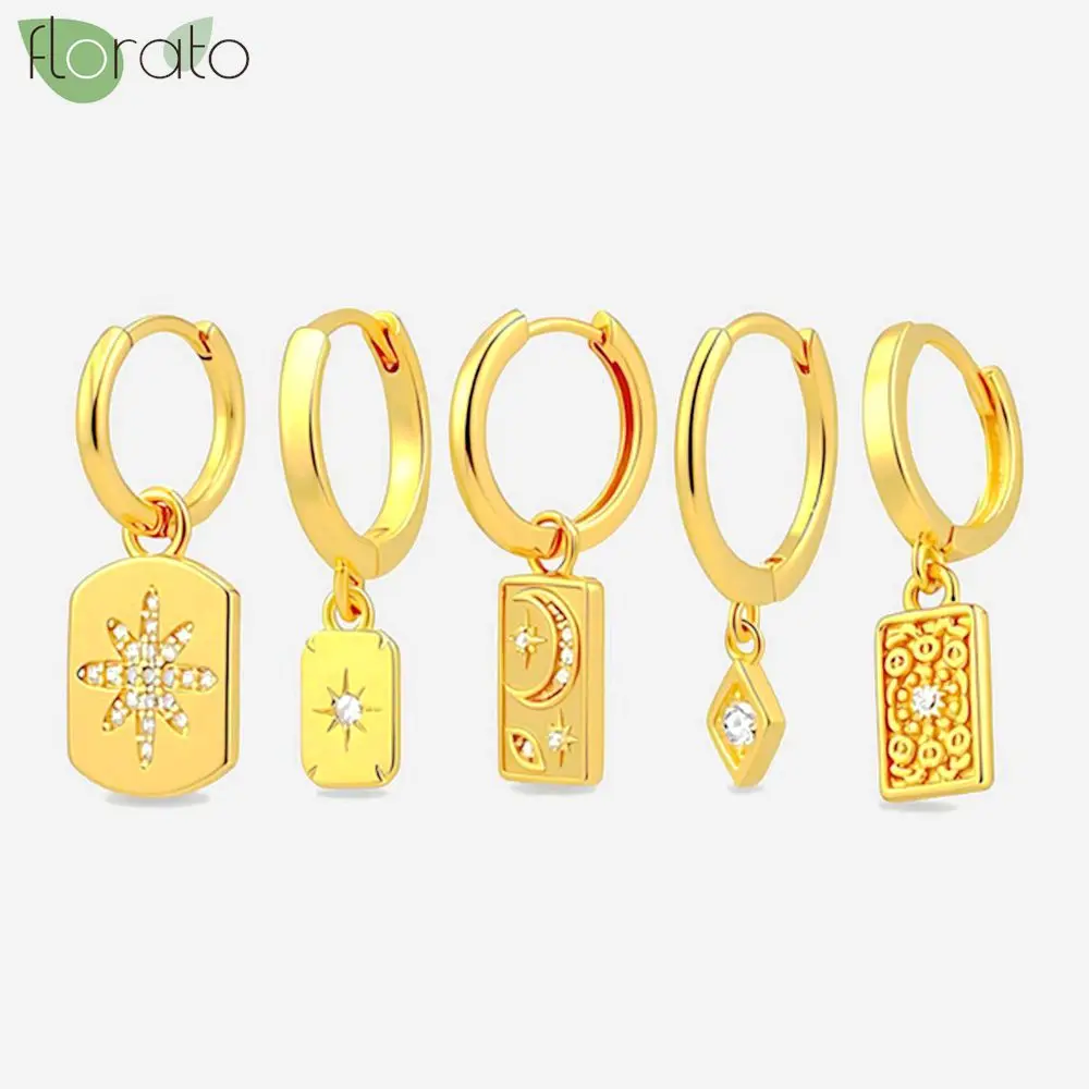 

925 Sterling Silver Needle Small Zircon Drop Dangle Charms Trendy Earrings Vintage Gold Color Square Geometric Earring Jewelry