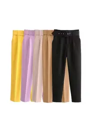 Women's High Waist Zipper Fly Ankle Trousers with Belt, Office Wear Pants, Side Pockets, Female Fashion