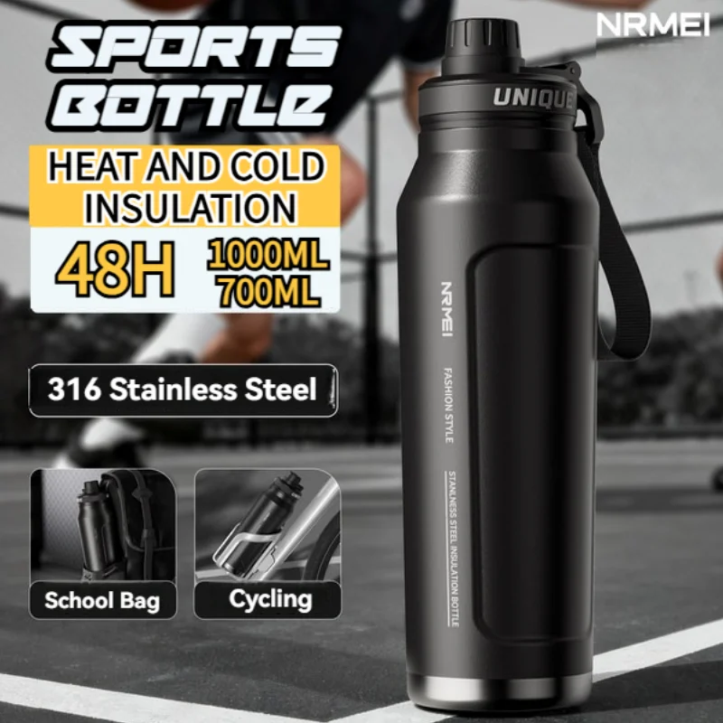 Botella de Agua Fría Aislada de 1L, Termo de Acero Inoxidable, Vaso con Asa para Deportes al Aire Libre, Frascos de Vacío de Doble Pared