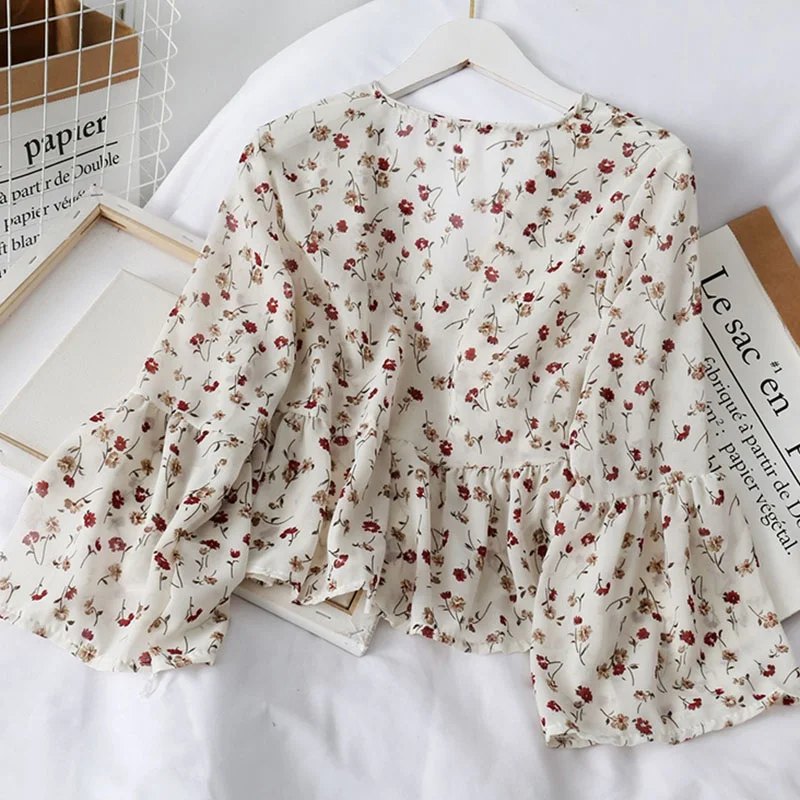 Women Blouses V Neck Floral Print Sweet Long Sleeve Elegant Chiffon Shirt Lady Vintage Small Fresh Chiffon Loose Tops