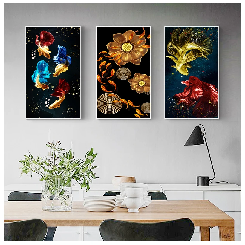 Chinese Style Golden Koi Canvas Painting Wall Art Feng Shui Fish Poster Prints Carp Lotus Pond Picture Room Hoom Decor Cuadros