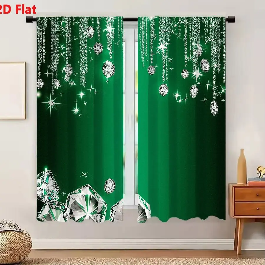 2Pcs Curtains Add 2D Flat Emerald Green Sparkling Diamond Festive Background With Hanging Crystals And Luxury Gemstones Window D
