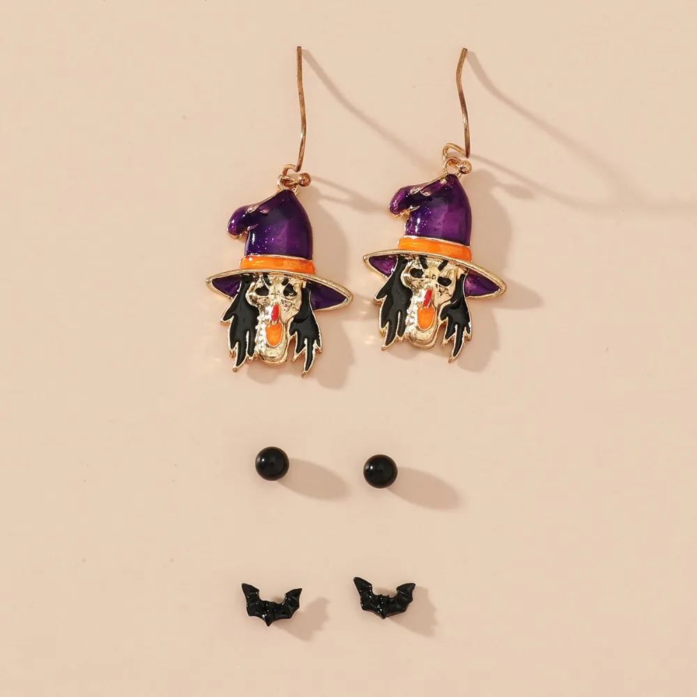 3pcs Set Cartoon Cute Orange Drip Glaze Pumpkin Face Pendant Stud Earrings for Women Halloween Witch Bat Spider Jewelry Sets view 3