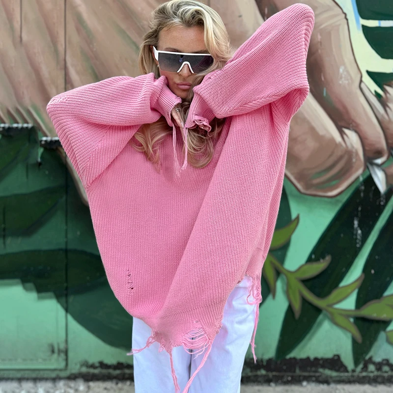 Distressed Tassel Women Baggy Sweater Neon Pink Ripped Hole Pullovers 2024 Fall Winter New Fashion High Street Jumpers