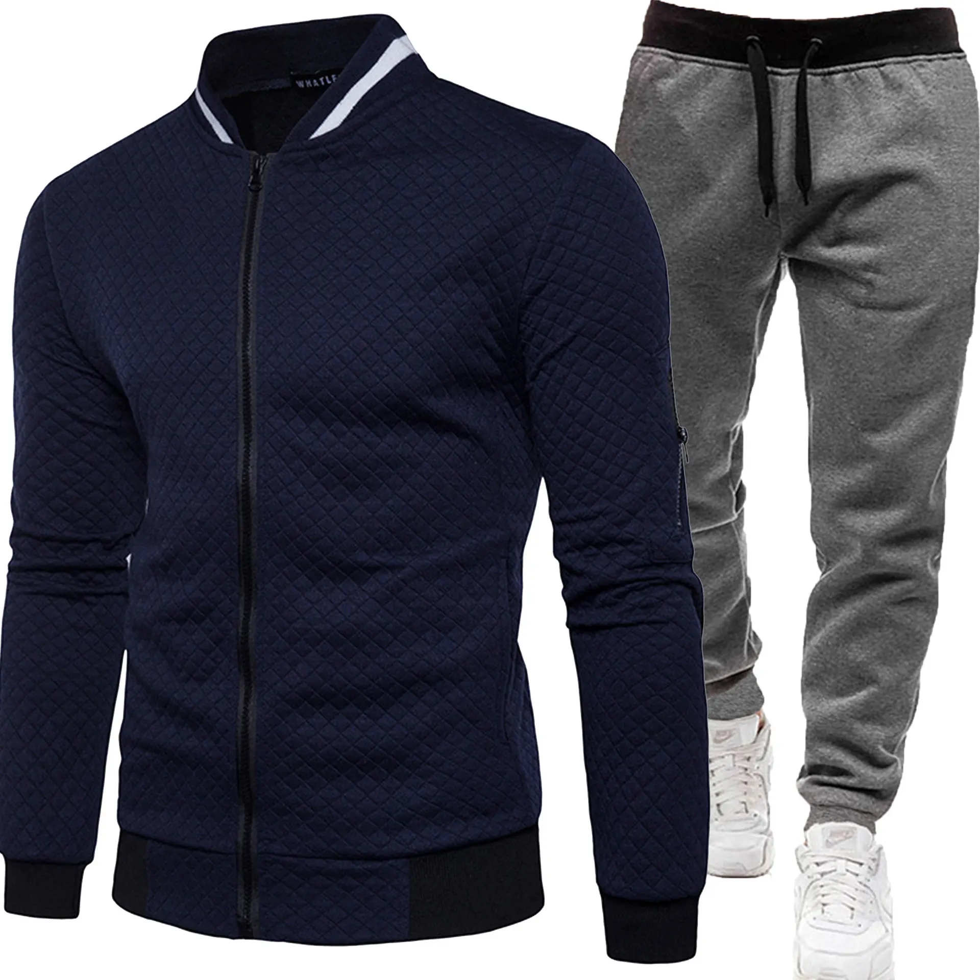 Herren Gesteppte Bomberjacke Trainingsanzug Herbst Winter Reißverschluss-Cardigan Sweatshirt Jogginghose Zweiteiliges Casual Sportbekleidungs-Set – Detail 18