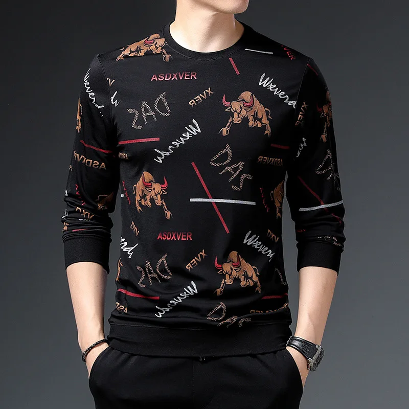 

Spring and Autumn Men's Pullover Round Neck Letter Animal Geometry Pattern Printed Long Sleeve Sweater T-shirt Fashion Tops