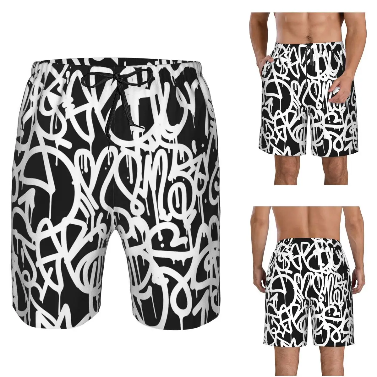 Black And White Graffiti Trunks Beach Board Shorts Casual Quick Dry Swimming Summer Men Pants