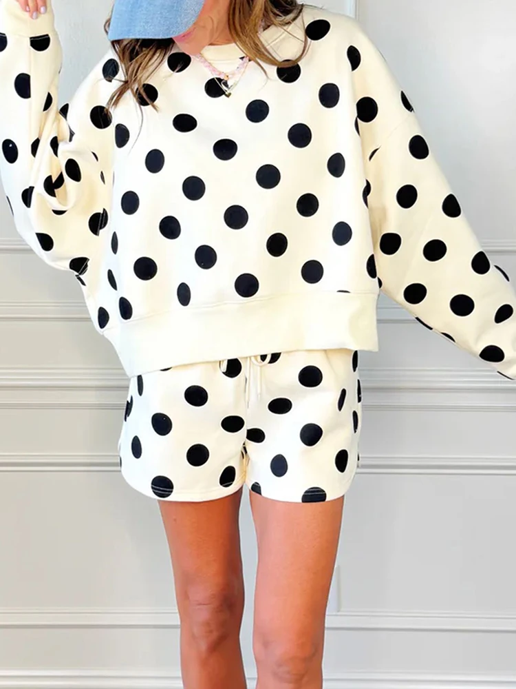 Fashion Polka Dot Print Loose 2Pc Outfits Casual O-neck Long Sleeve Sweatshirt & Short Pant Set Elegant Drawstring Sport Suits
