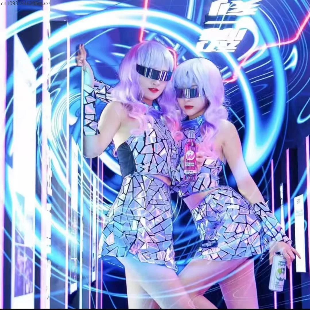 

Purple Mirrors Sets Sequins Laser Top Skirt Women Group Jazz Dance Costume Female Pole Dance Clothing Rave Outfits