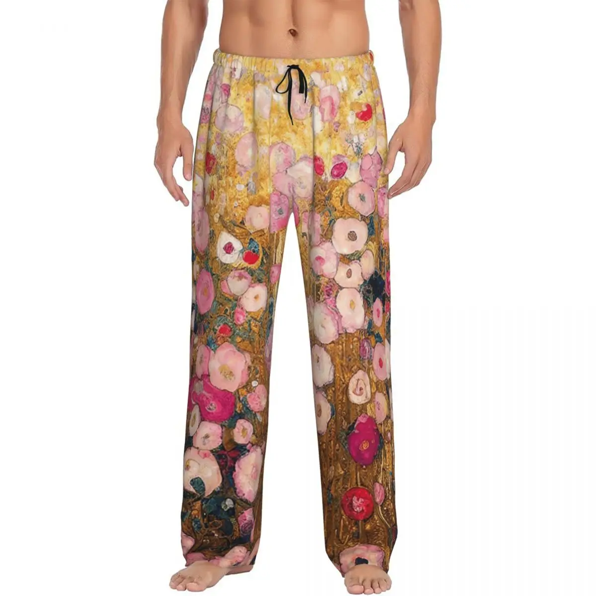 Custom Gustav Klimt Pink Flower Garden Pajama Pants Men Sleepwear Sleep Lounge Bottoms with Pockets