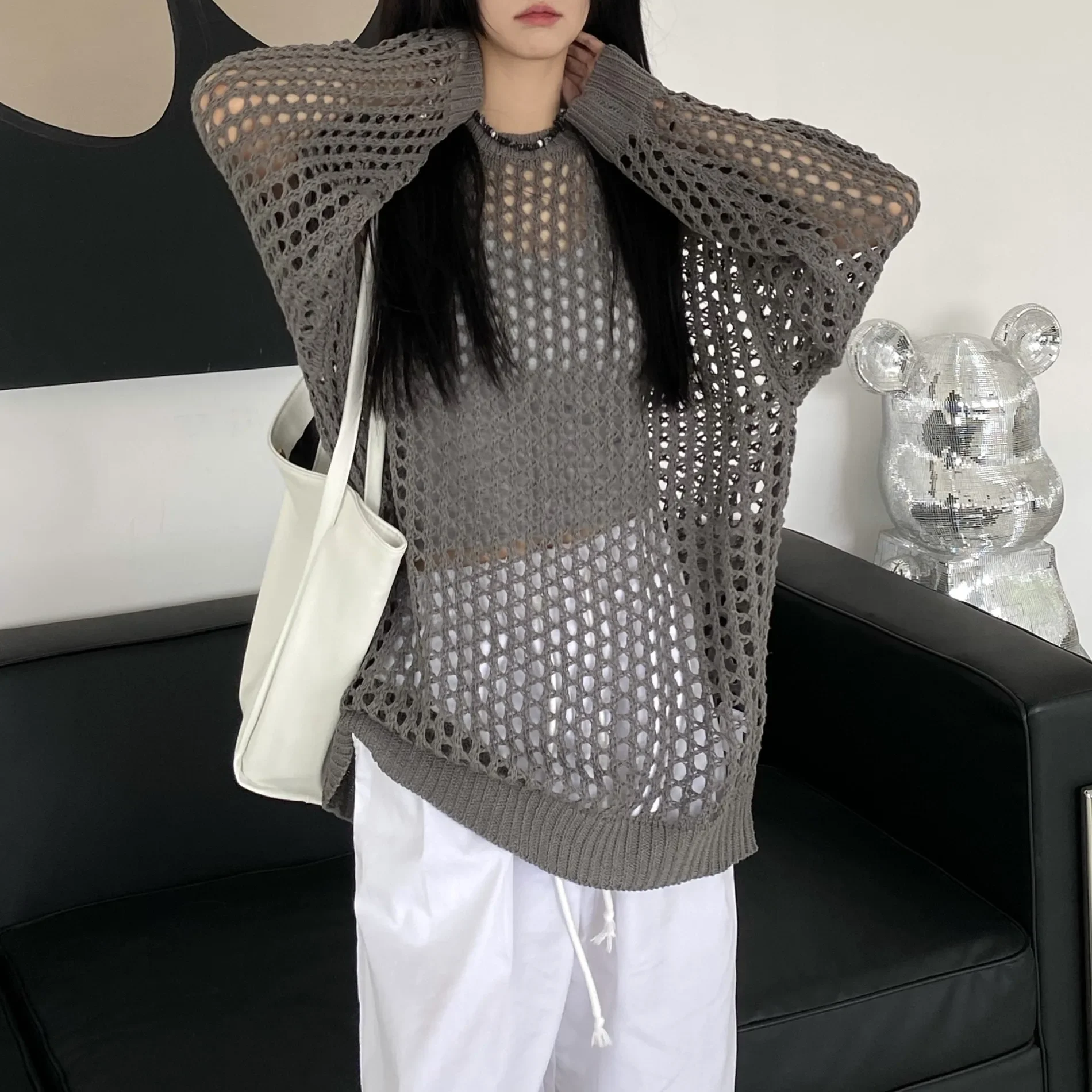 2025 Spring Thin Casual Long Sleeve Sunscreen Top Autumn Loose Fit Solid Color Pullover Hollow Out O Neck Women's Knitted Tops