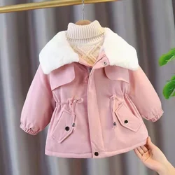 1 2 3 4 5 6 Years Winter Girls Jacket Plus Velvet Keep Warm Windbreaker Coat For Girls Lapel Tighten Waist Children's Clothing