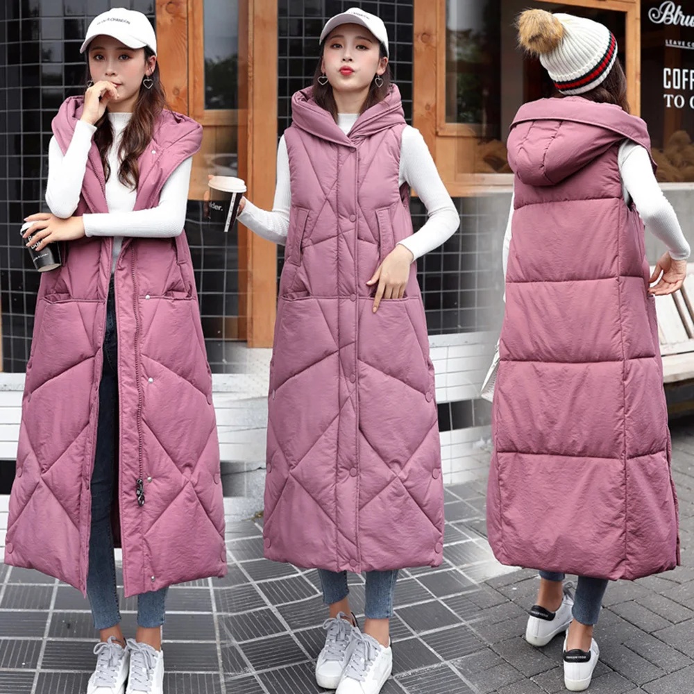 

Extra Long Vest Warm Coat Women Winter Hooded Warm Sleeveless Jackets Solid Cotton Padded Parka Coat Femme High Street Parkas