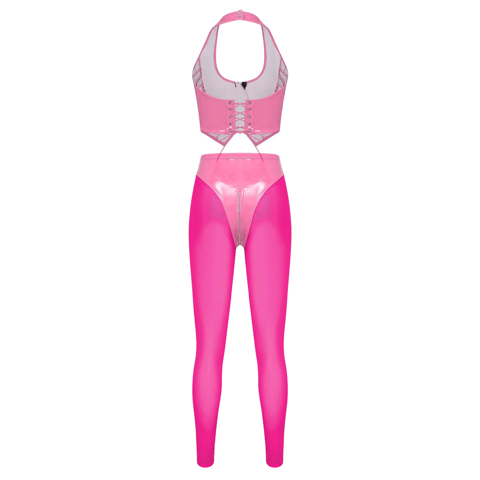 Womens Glossy PU Leather Outfit Halter Crop Top and Sheer Mesh Legs High Waist Leggings Sets for Clubwear Festival Street Dance
