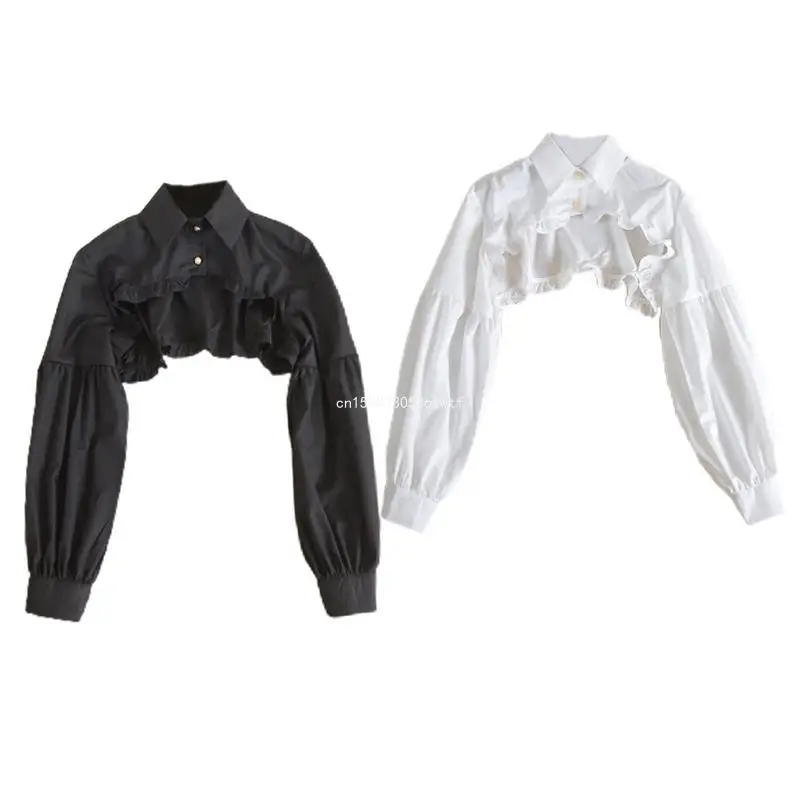 Fake Collar Detachable Long Sleeve Lapel Dickey Half Shirt Ruffle Cropped Blouse Dropship