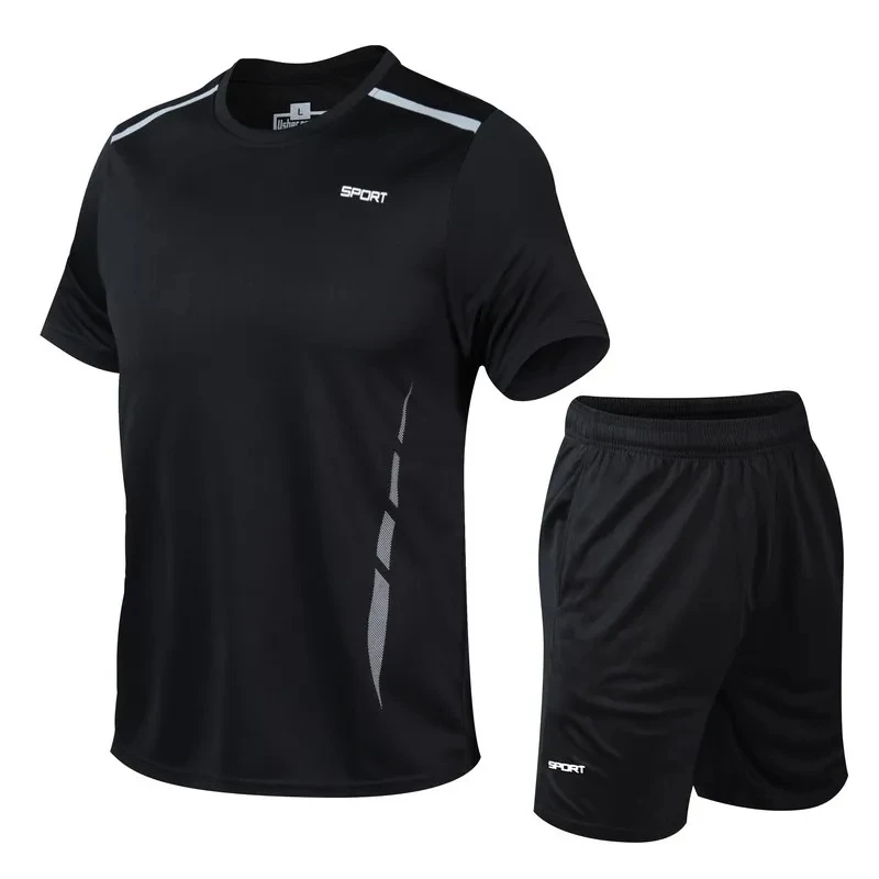 Summer Men's Quick Dry Fitness Suit Breathable Running T-Shirt Shorts 2 PCS Sets Soft Elasticity Gym Fitness Outdoor Sports Suit