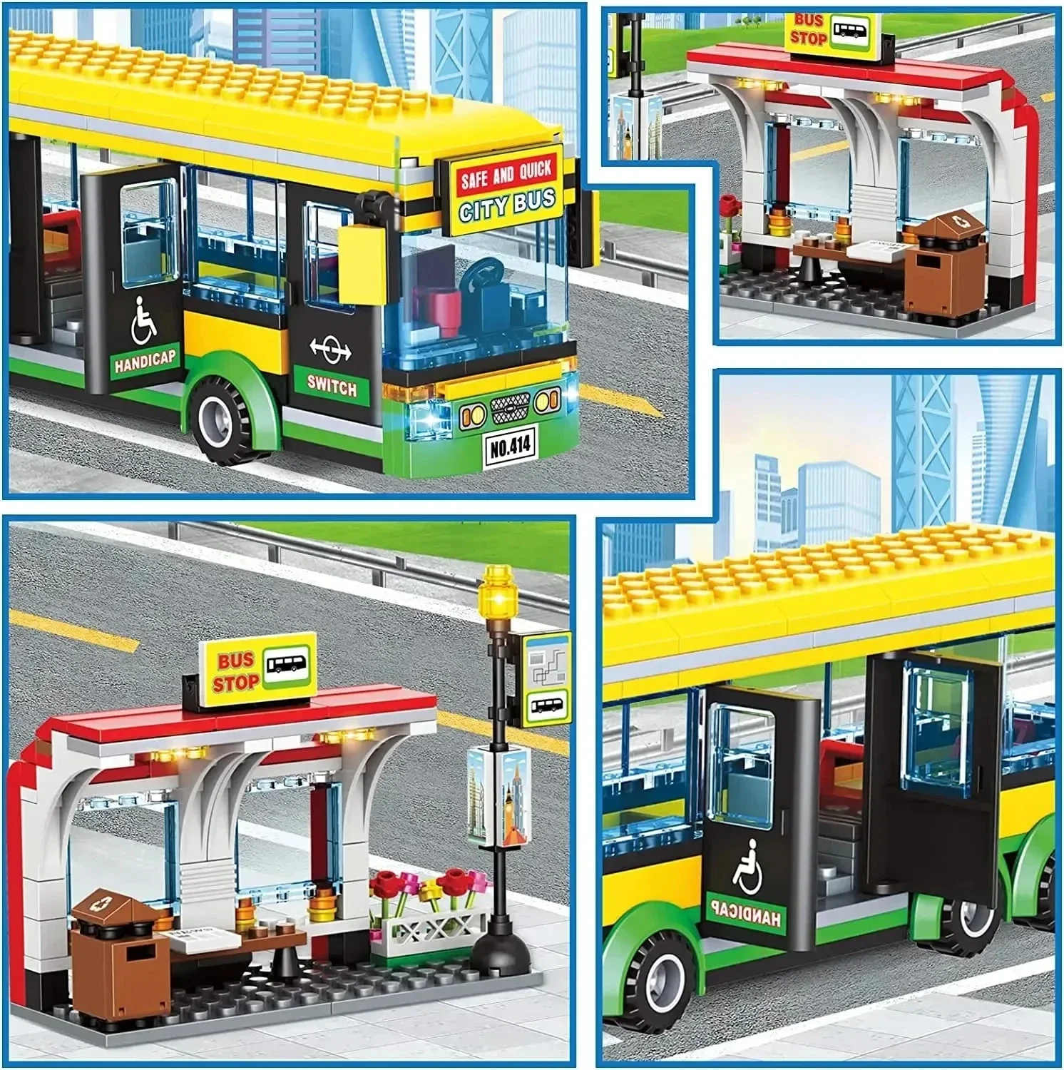 City car yellow bus school passenger station single layer bus model assembled blocks DIY toy children develop intellectual gifts