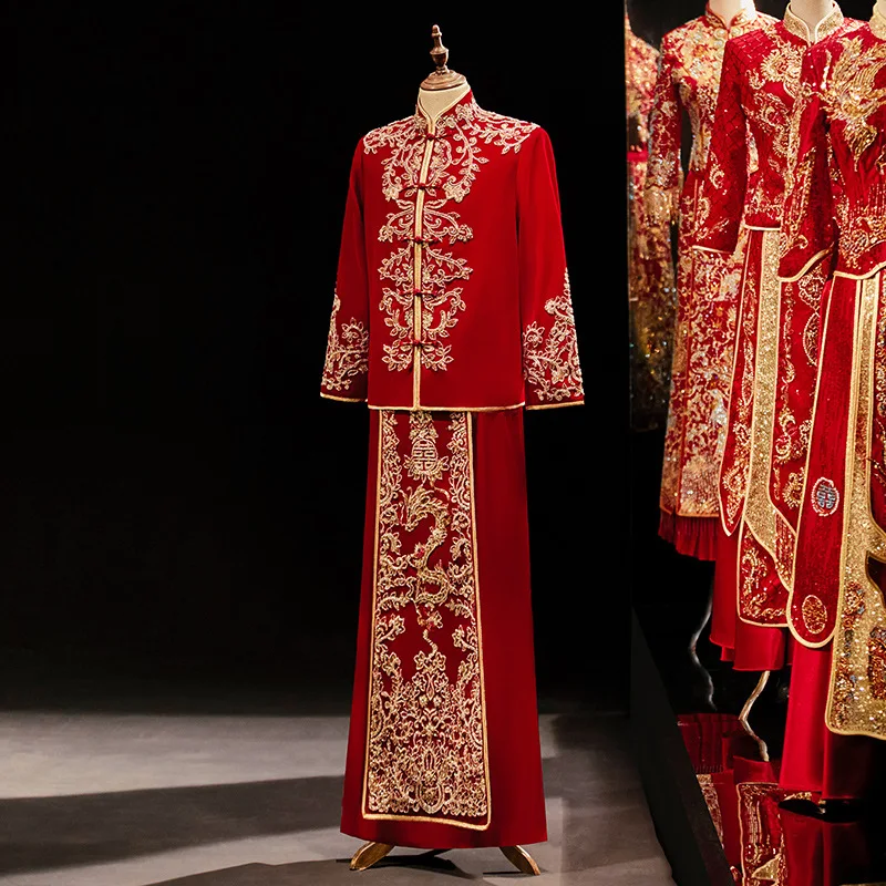 Xiuhe Wedding Costumes Men Traditional Chinese Dragon Phoenix Embroideried Stand Collar Long Sleeve Red Bridegroom Wedding Suit