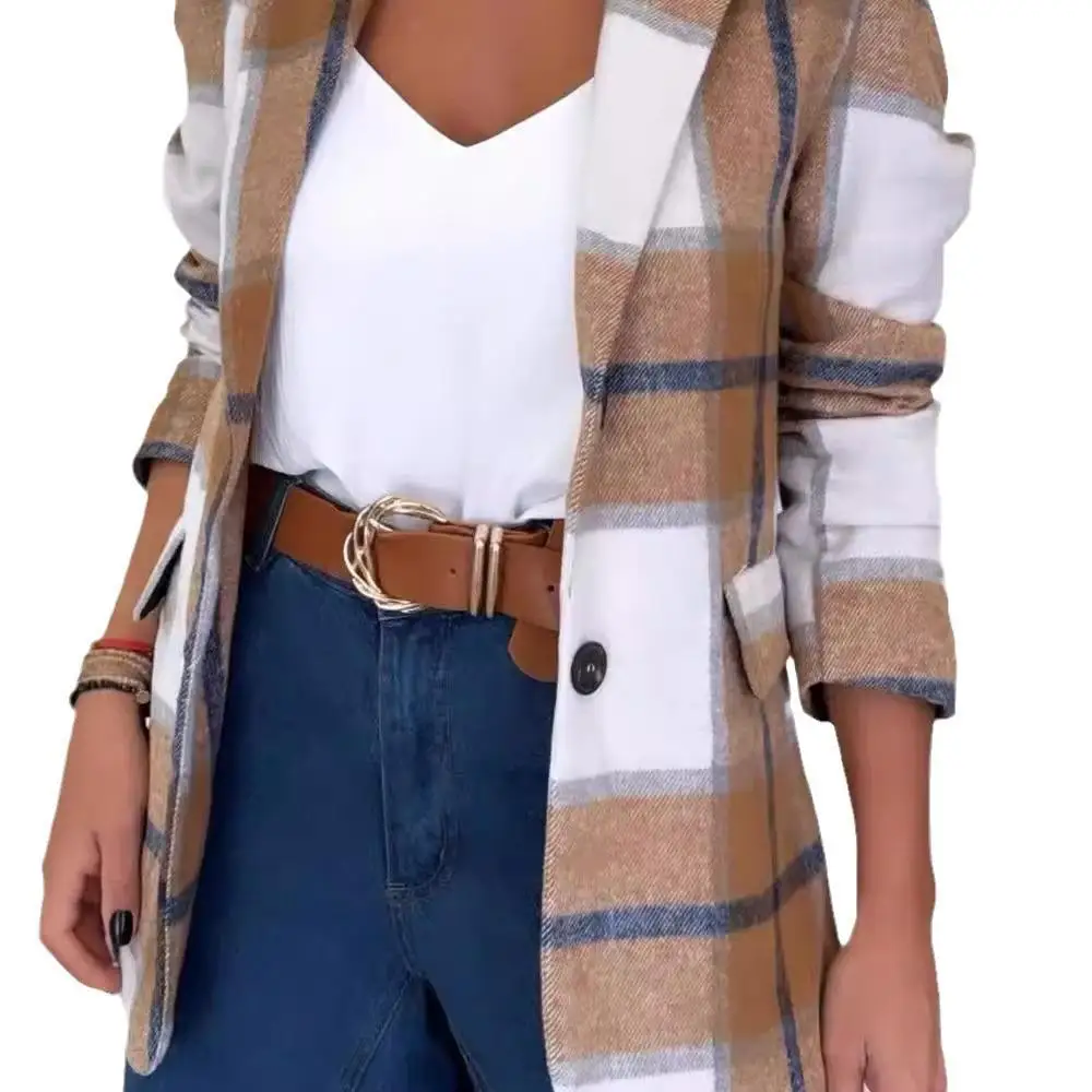 패셔너블 캐주얼 울 체크 코트 싱글 버튼 수트 칼라 여성용 가을 겨울 아우터웨어 폴리에스터 섬유 슬림 핏