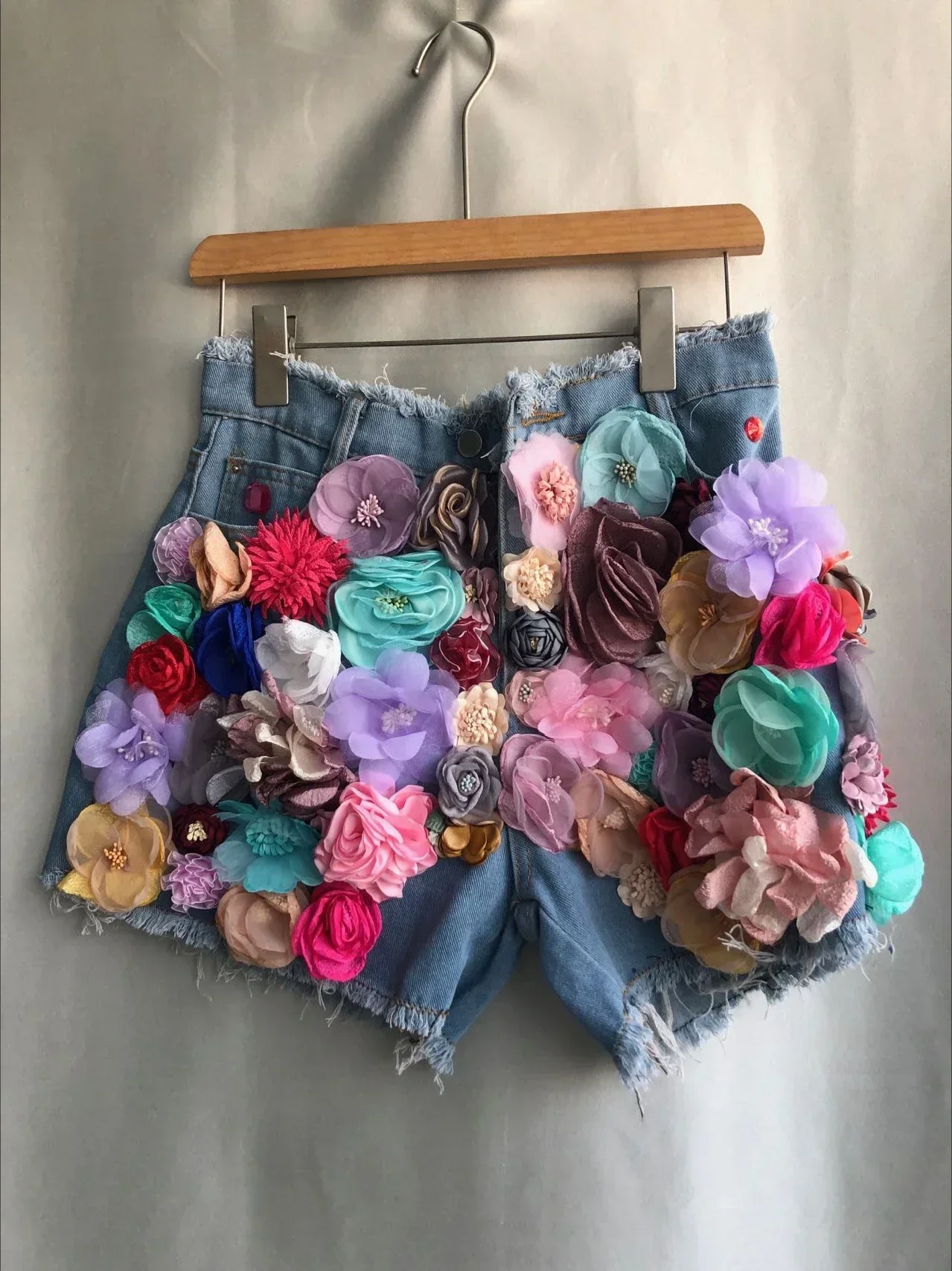 Neploe High Waist Solid Color Wide Leg Jeans Pants Beading Heavy Stereo Flower Shorts Y2k Vetement Femme Pantalones Cortos