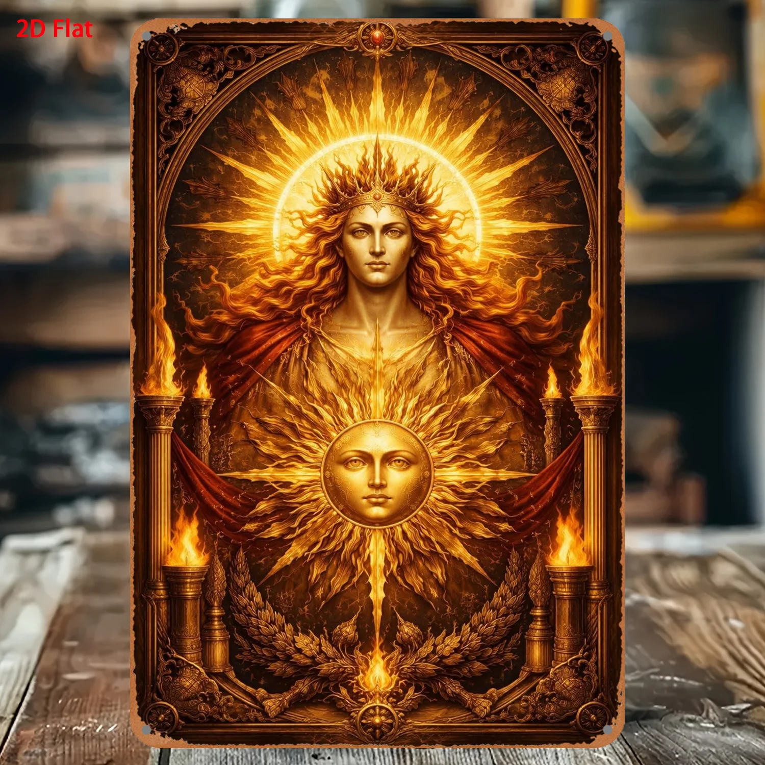 2D Vintage Metal Wall Art, Sun Goddess Golden Flame Crown Classical Religious Mural, Pre-Drilled Hanging Decor for Living Room B