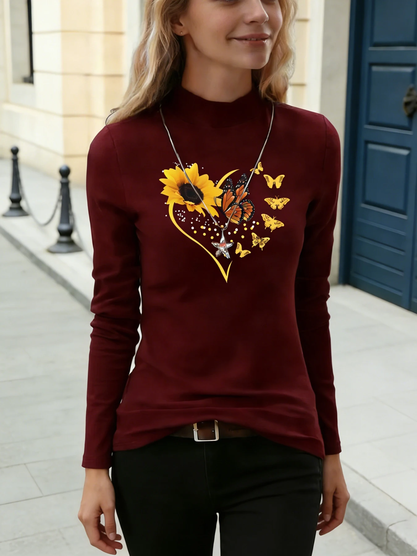 Dames Tops met opstaande hals en lange mouwen Zonnebloem Vlinder Hartprint Casual blouse Basic dagelijks T-shirt Zachte warme top voor dagelijks gebruik