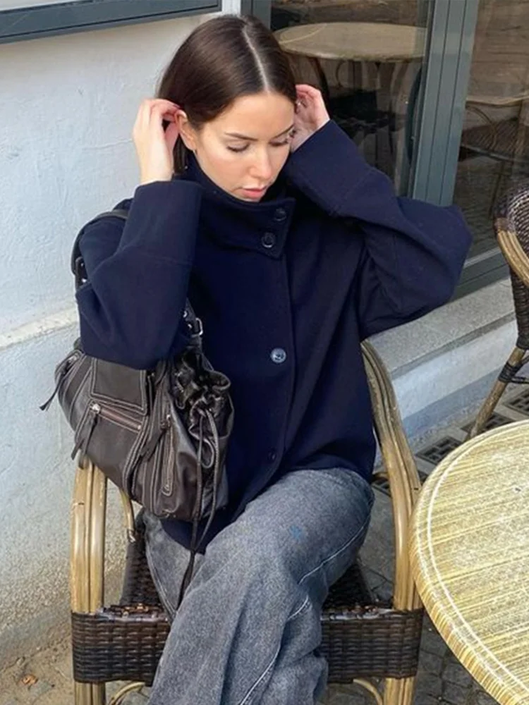 

Модная короткая куртка с воротником-стойкой для женщин, осень 2023, новое однобортное пальто с длинными рукавами, короткая уличная элегантная женская верхняя одежда