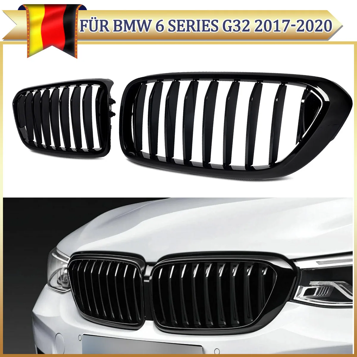 For BMW 6 Series G32 Gran Turismo 2017-2020 Gloss Black+Single Bar Front Kidney Bumper Radiator Racing Grille M Performance Style