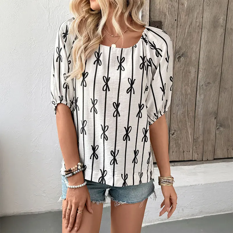 

Summer New Fashion 2025 Women's Simple Bow Printed Casual Trendy Square Neck Short Sleeve Simple T-shirts Female Clothes Tops