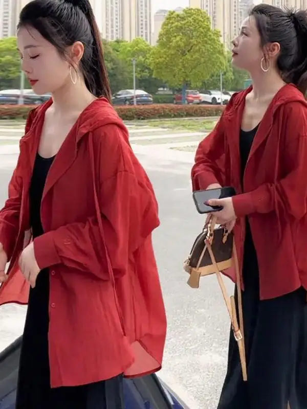 Women's Summer Thin Hooded Sun Protection Jacket Loose Style Korean Version Long Sleeve Mid-Length Coat High-Quality Feel