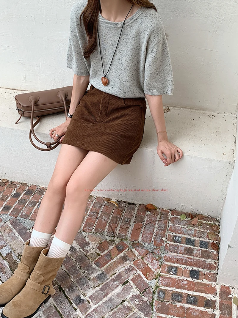 Grundlegende Hohe Taille Cord Mini Rock Frauen Herbst Neue Vintage College A-linie Röcke Tasche Koreanische Abnehmen Alle-Spiel Kurzen rock – Detail 14