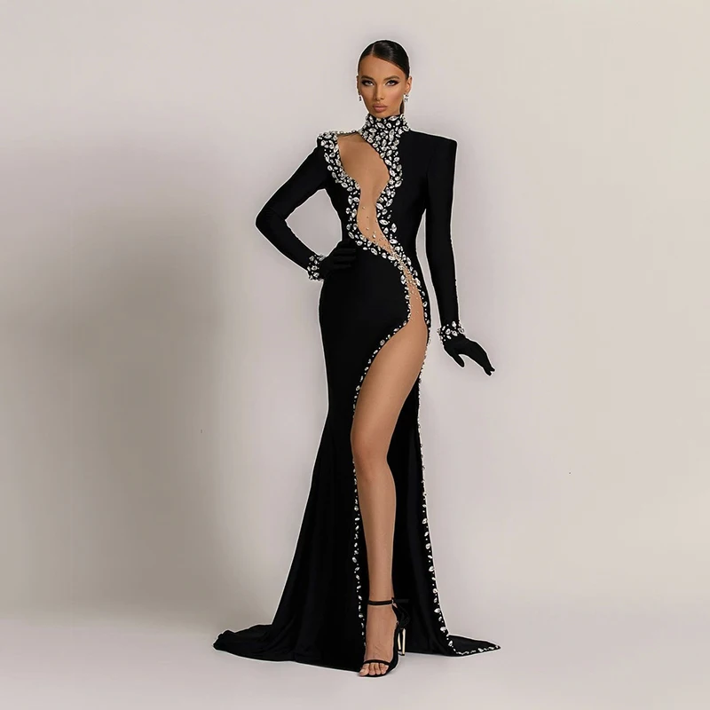 Factory Wholesale Women's 2024 Black Long Sleeves Diamonds Mesh Perspective Sexy Celebrity Cocktail Party Bandage Long Dress