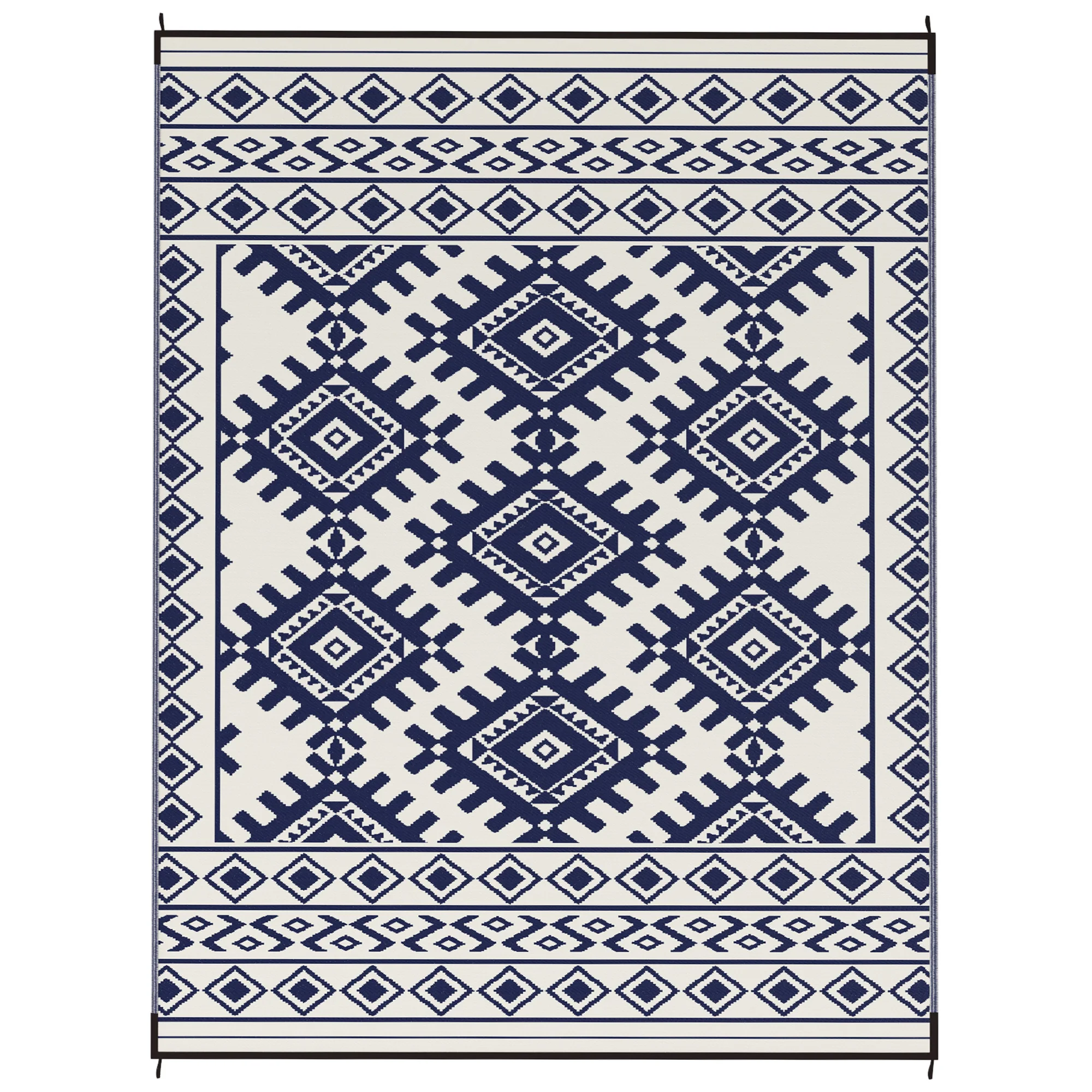 Outdoor Rug, 9' x 12' Floor Mat, Blue White Rhombus Border